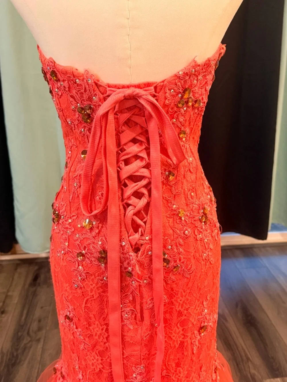 Anny Lee Coral Lace Mermaid Prom Dress Beaded Formal Gown Small Pageant Event - Picture 4 of 16